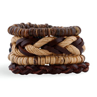 Ensemble de 4 bracelets marron en corde tressée et anneaux en noix de coco, style naturel mixte.