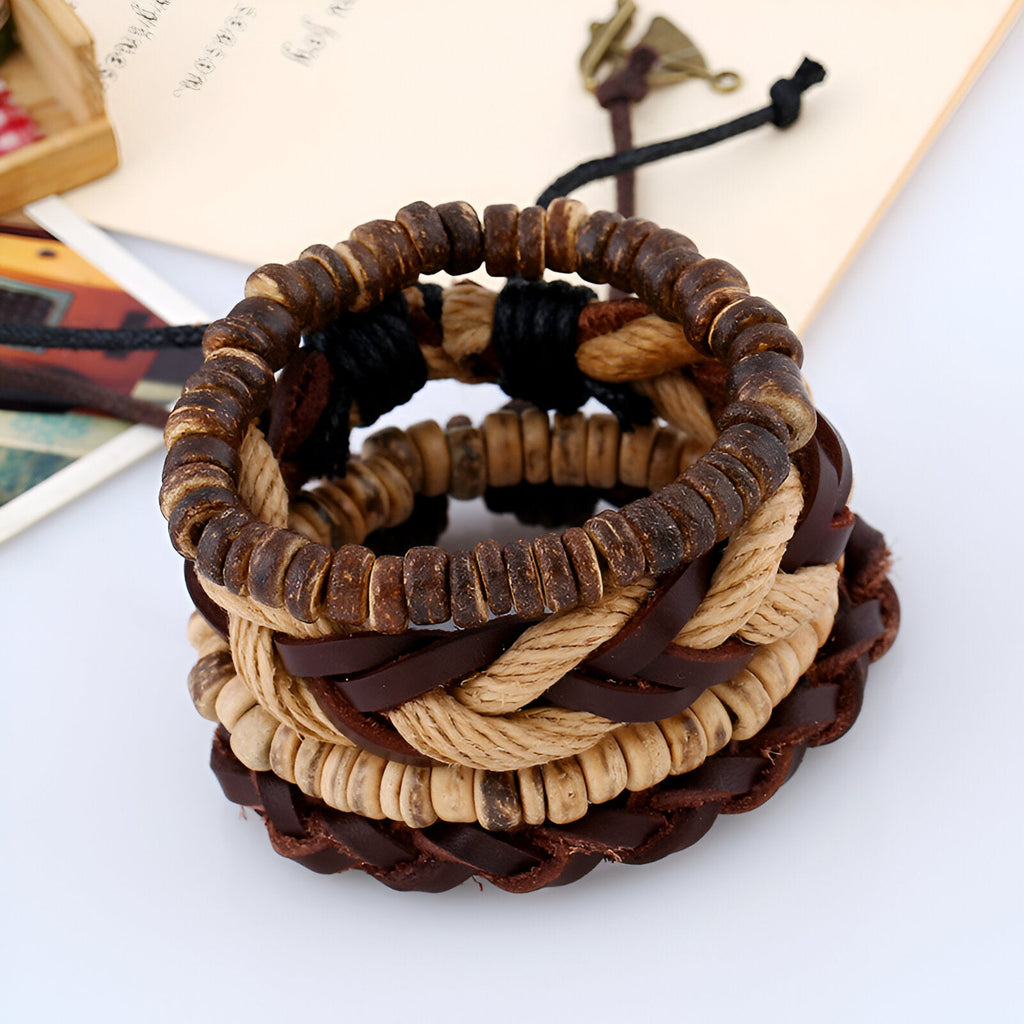 Ensemble de 4 bracelets marron en corde et noix de coco, style naturel, mixte, modèle Ellery.