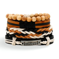 Ensemble de 4 bracelets orange en cuir, bois naturel et corde tressée, avec plaque métal "achieve".