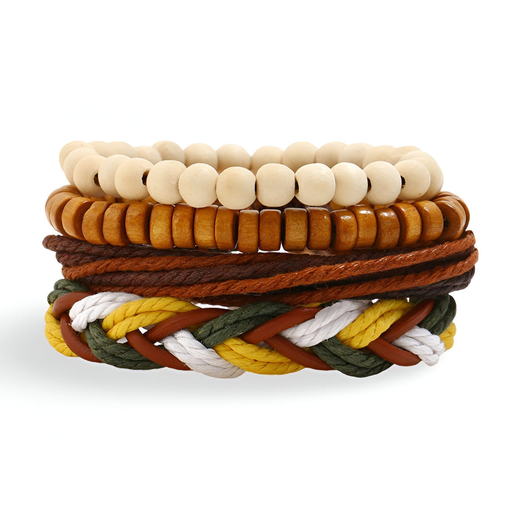 Ensemble de 4 bracelets marron en cuir tressé et perles de bois naturel pour homme et femme.