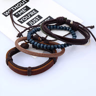Ensemble de 4 bracelets homme en cuir marron et perles de bois bleu foncé, style décontracté et élégant.