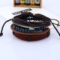 Ensemble de 4 bracelets marron en cuir et perles de bois bleu, style homme élégant, modèle Jaden.