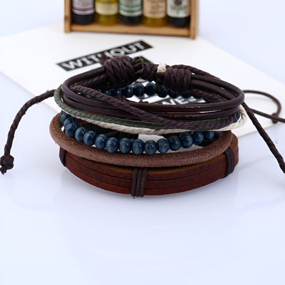 Ensemble de 4 bracelets marron en cuir et perles de bois bleu, style homme élégant, modèle Jaden.