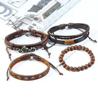Ensemble de 4 bracelets marron en cuir et bois avec motif moto, design masculin détaillé.
