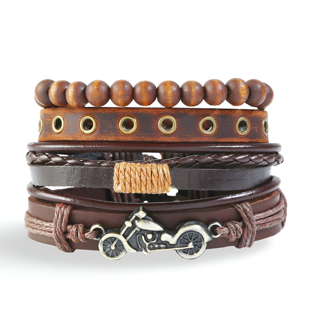 Ensemble de 4 bracelets marron en cuir et bois avec motif moto argenté pour homme.