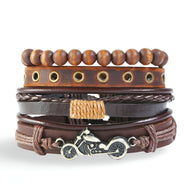 Ensemble de 4 bracelets marron en cuir et bois avec motif moto argenté pour homme.
