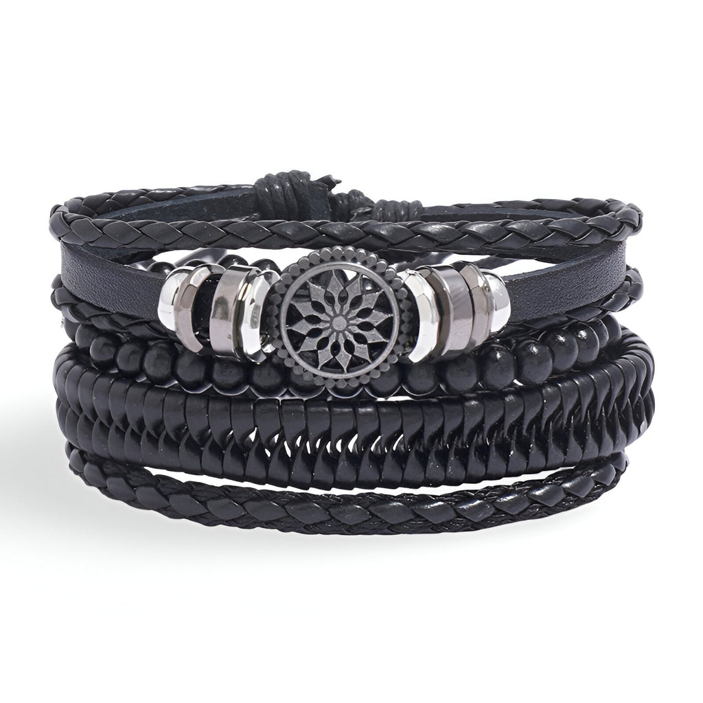 Ensemble de 4 bracelets noirs en microfibre et bois avec motif mandala central argenté, styles tressés et perles mates.