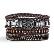 Ensemble de 4 bracelets en bois et microfibre marron avec breloque mandala noire détaillée.
