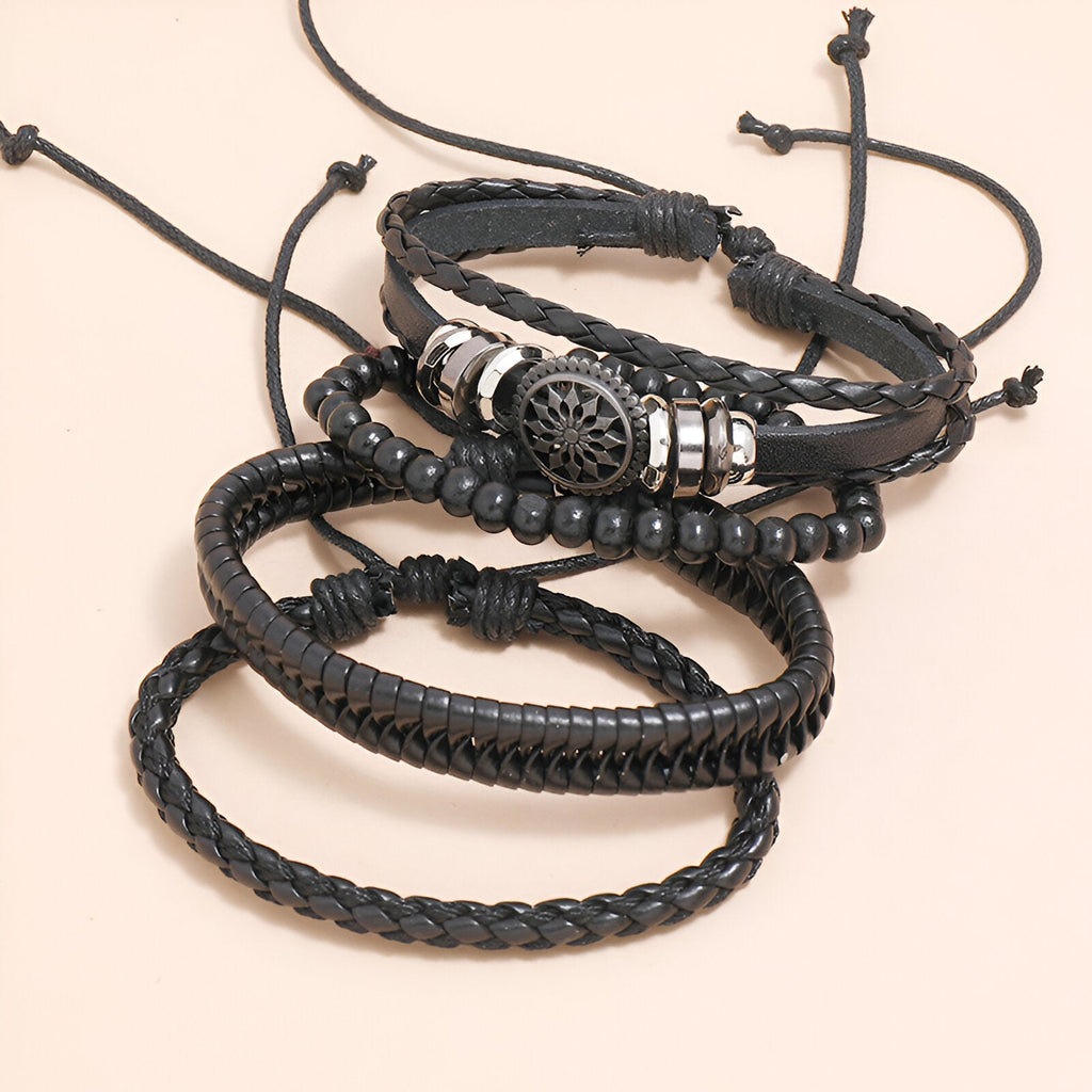 Ensemble de 4 bracelets noirs en microfibre et bois avec design mandala, mixte, ajustables avec cordons.
