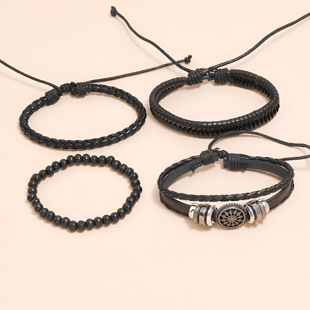 Ensemble de 4 bracelets noirs en microfibre et bois avec design mandala, styles tressé, perlé et multi-brins.