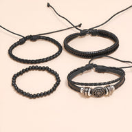 Ensemble de 4 bracelets noirs en microfibre et bois avec design mandala, styles tressé, perlé et multi-brins.