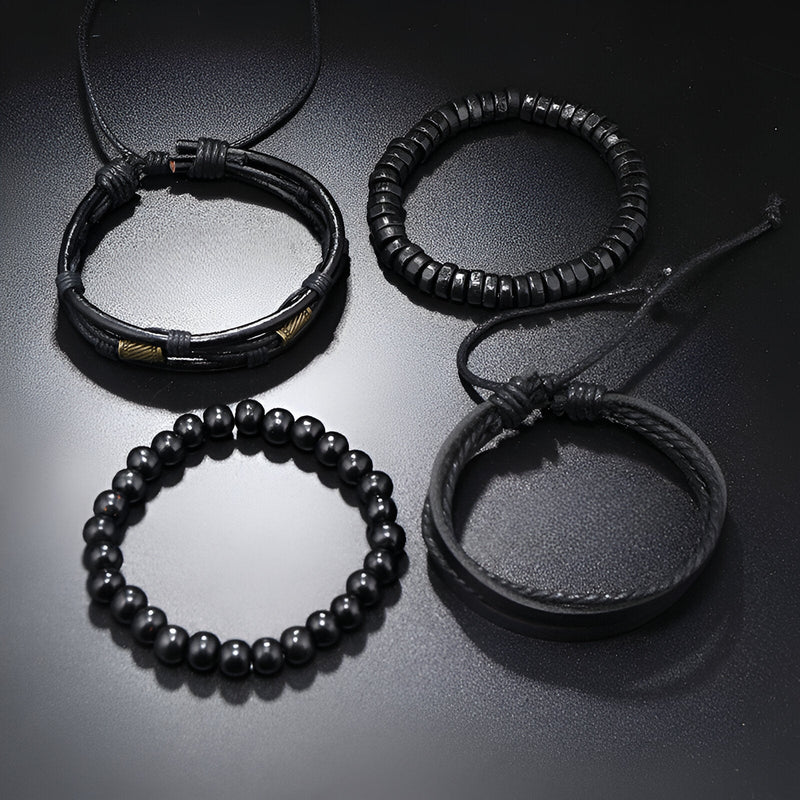 Ensemble de 4 bracelets noirs en microfibre et perles de bois, style mixte élégant.