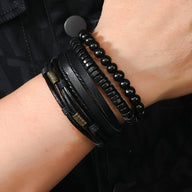 Lot de 4 bracelets noirs en microfibre et perles de bois, style élégant mixte.
