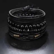 Ensemble de 4 bracelets noirs en microfibre et perles bois, style élégant mixte, modèle Colette.