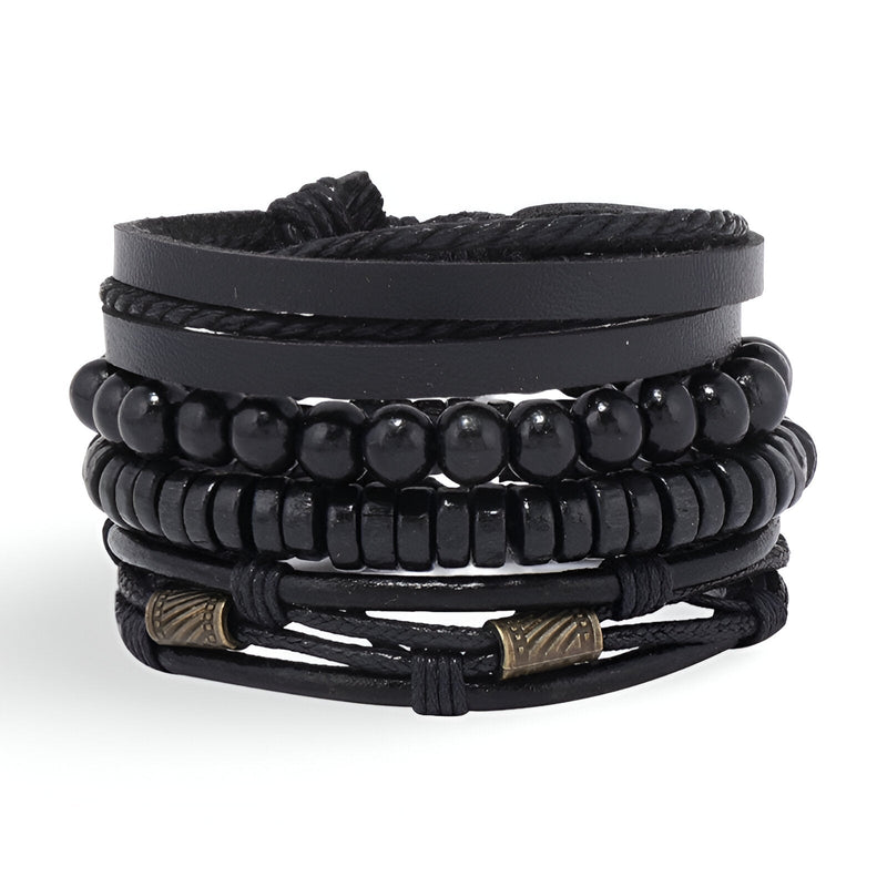 Ensemble de 4 bracelets noirs mixtes en microfibre et bois, style élégant, modèle Colette.