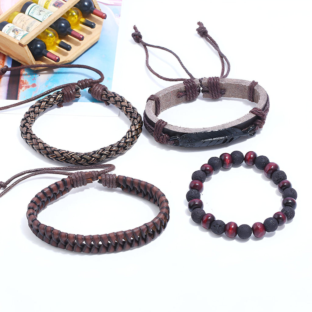 Ensemble de 4 bracelets homme noirs en microfibre tressée et pierres volcaniques rouges et noires.