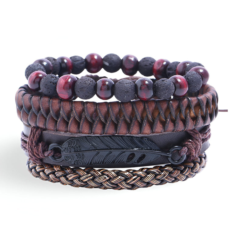 Ensemble de 4 bracelets pour homme en microfibre marron et perles volcaniques noires et rouges.