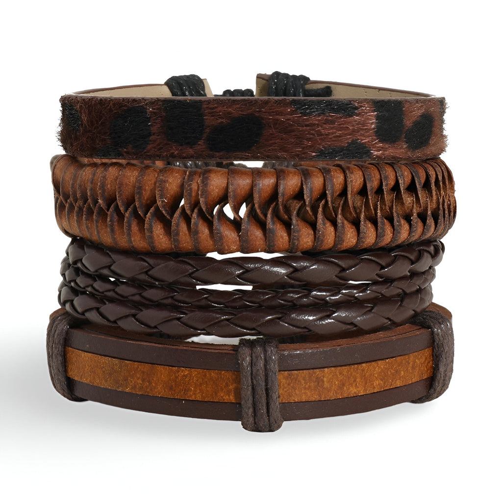 Ensemble de 4 bracelets marron en microfibre, avec tressage varié et détails en cuir, style masculin.