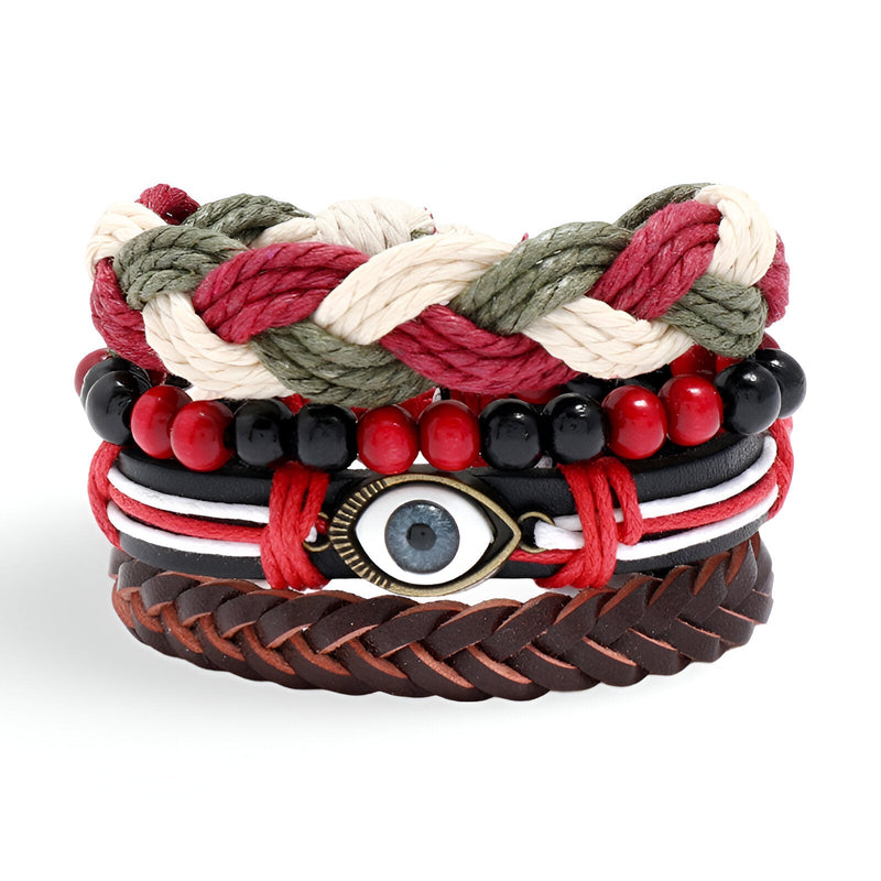 Ensemble de 4 bracelets tressés rouge, blanc, noir avec perles et œil de protection central en métal, cuir marron foncé.