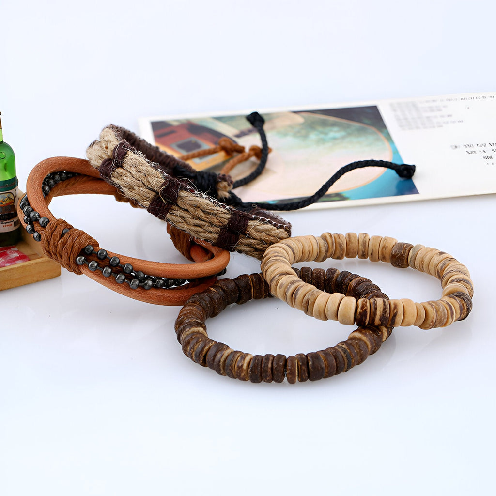 Ensemble de 4 bracelets marron tissés en noix de coco et cuir, style mixte, modèle Rory.