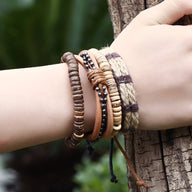 Ensemble de 4 bracelets marron en cuir, noix de coco et tissu tissé, styles variés, mixte.