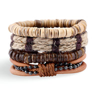 Ensemble de 4 bracelets tissés marron avec perles en noix de coco et cuir, style mixte Rory.