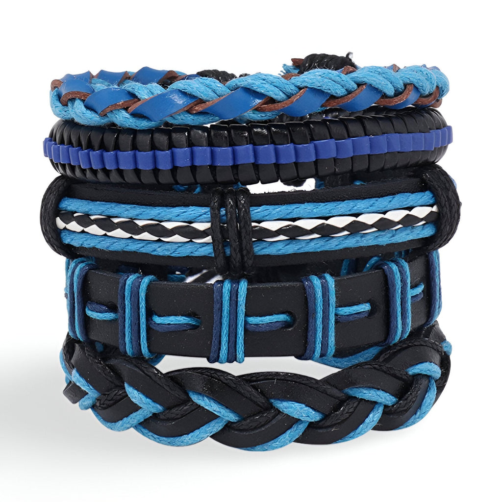 Ensemble de 5 bracelets bleu et noir, en cuir tressé et cordon, style mixte Gentry.