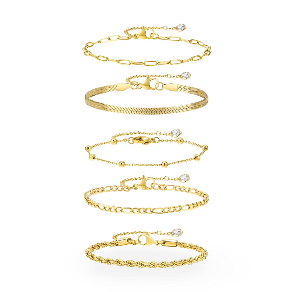 Ensemble de 5 bracelets fins en acier inoxydable doré avec différentes chaînes et textures élégantes.