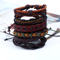 Ensemble de 6 bracelets homme en cuir marron avec tressages et nœuds style rétro modèle Yorick.