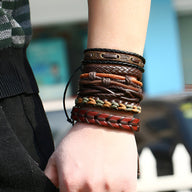Ensemble de 6 bracelets marron en cuir tressé et lisse, style rétro pour homme.