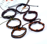Ensemble de 6 bracelets en cuir marron tressé et lisse, style rétro pour homme, modèle Yorick.