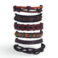 Ensemble de 6 bracelets pour homme en cuir marron avec tressages et détails rétro variés.