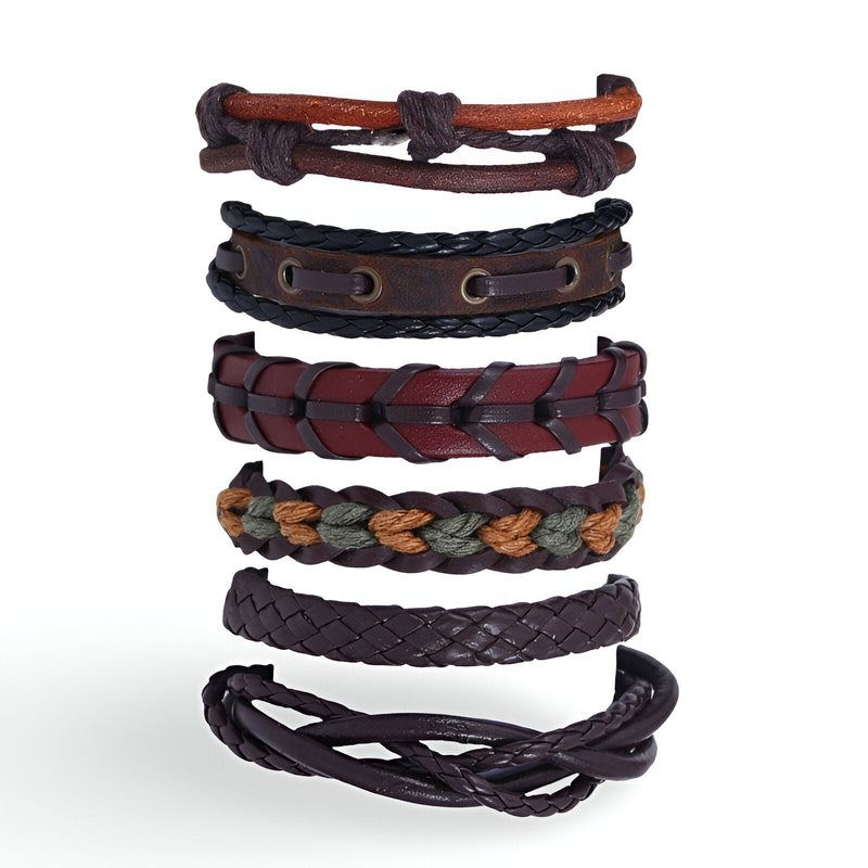 Ensemble de 6 bracelets pour homme en cuir marron avec tressages et détails rétro variés.