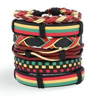 Ensemble de 6 bracelets homme multicolores tressés et lisses aux couleurs jamaïcaines rouge, jaune, vert et noir.