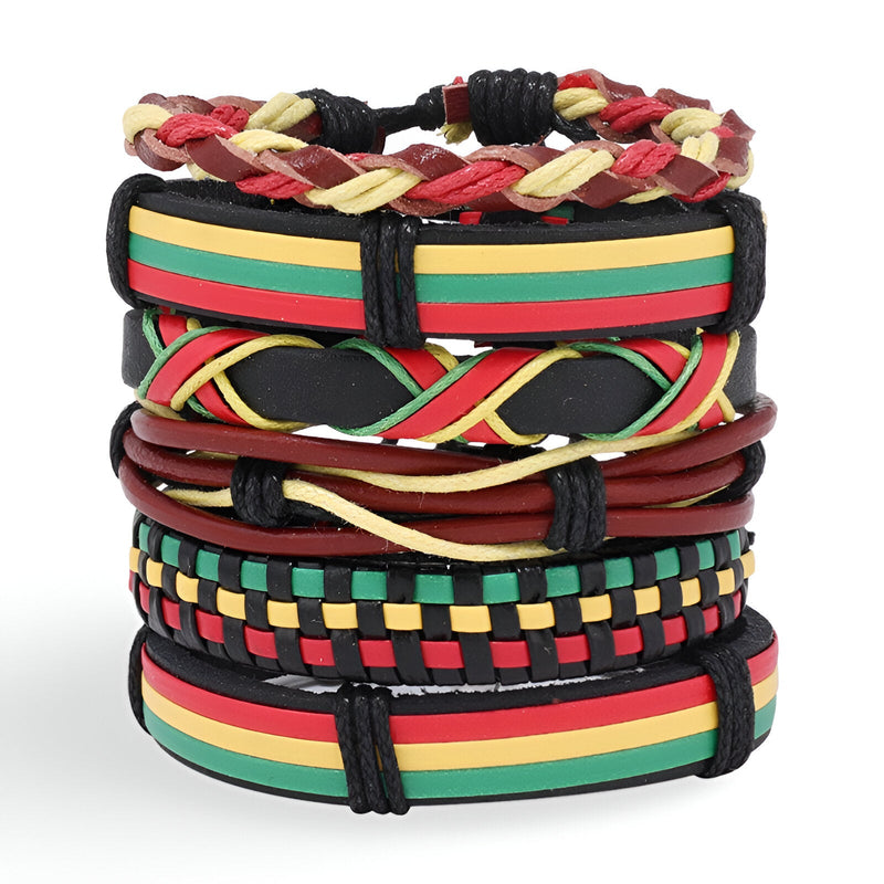 Ensemble de 6 bracelets homme multicolores tressés et lisses aux couleurs jamaïcaines rouge, jaune, vert et noir.