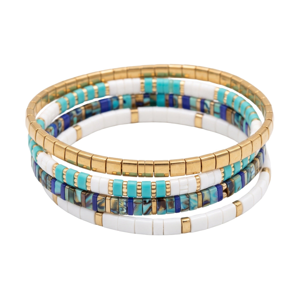 Ensemble de bracelets élastiques en perles du Japon Tila, turquoise lumineux, blanc éclatant, détails dorés, modèle Elika