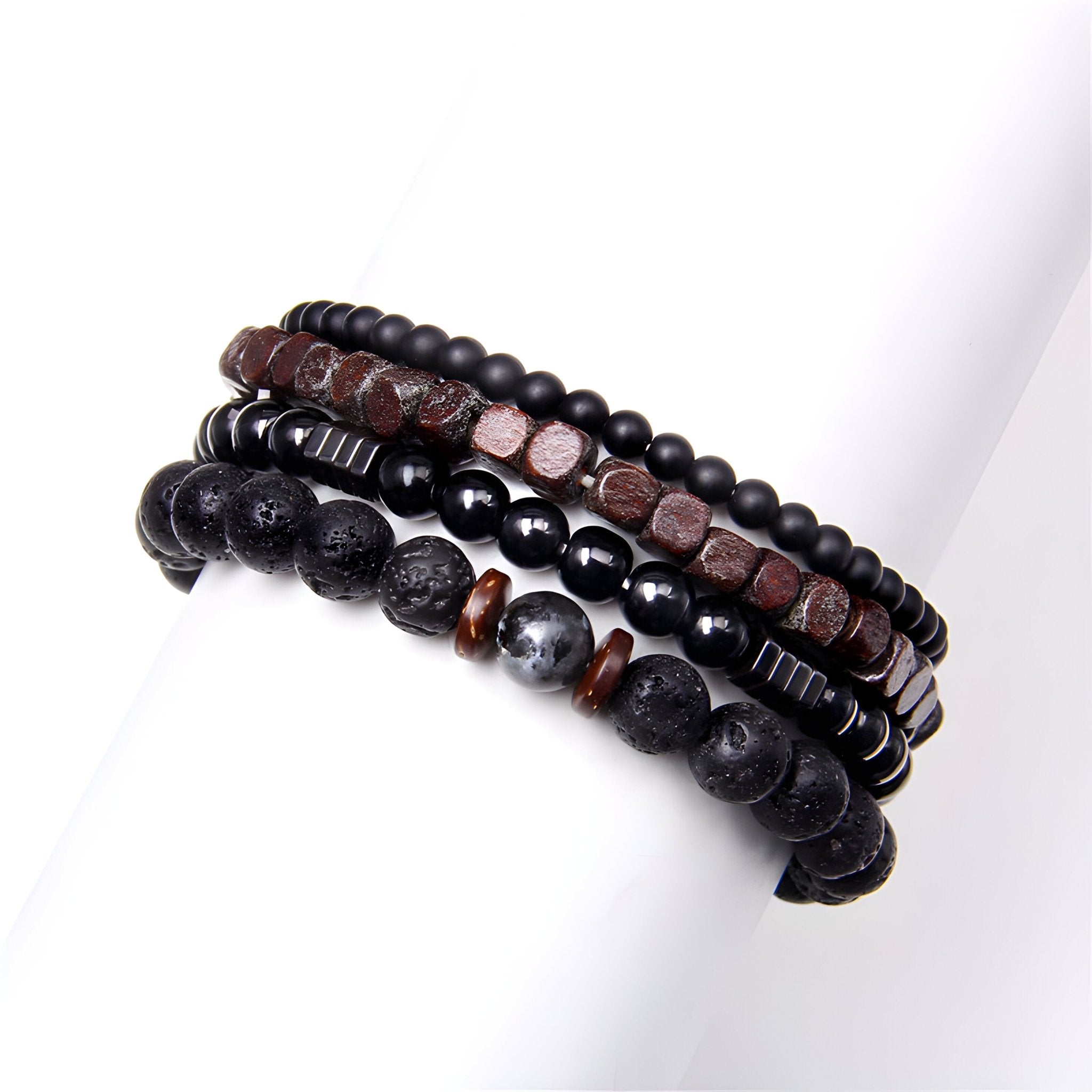 Ensemble de bracelets en bois et pierres volcaniques, pour homme, modèle Milan - La Boutique du Bracelet