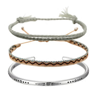 Trio de bracelets tibétains pour homme, corde grise, coton beige avec motif zigzag, bracelet argenté gravé.