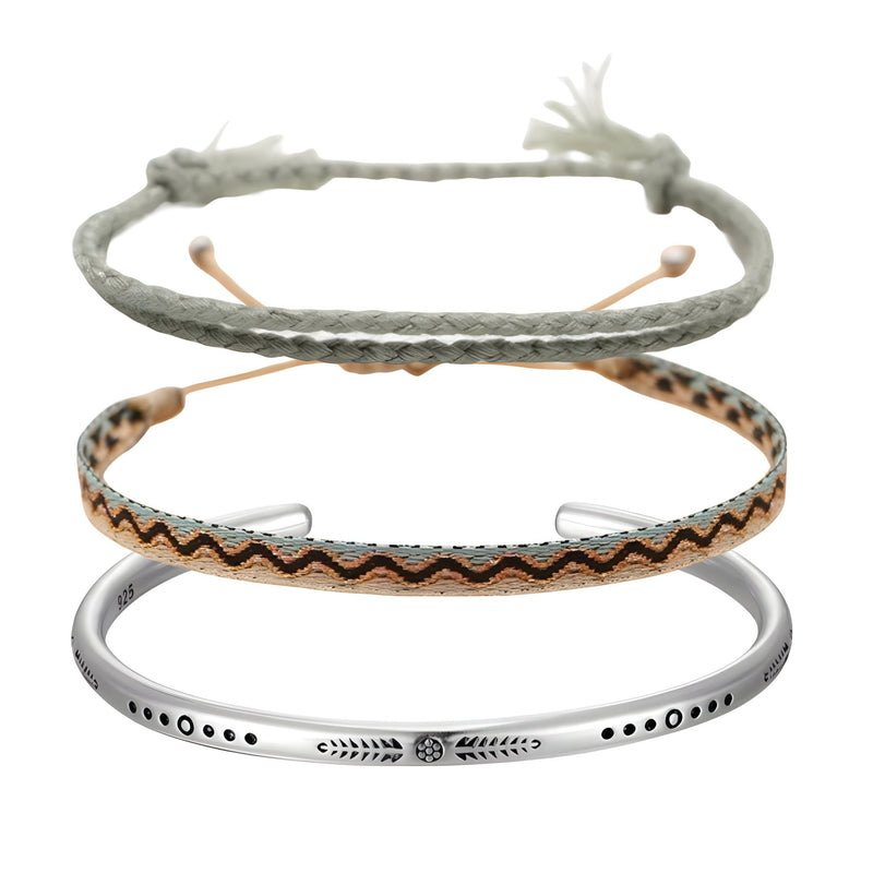 Trio de bracelets tibétains pour homme, corde grise, coton beige avec motif zigzag, bracelet argenté gravé.