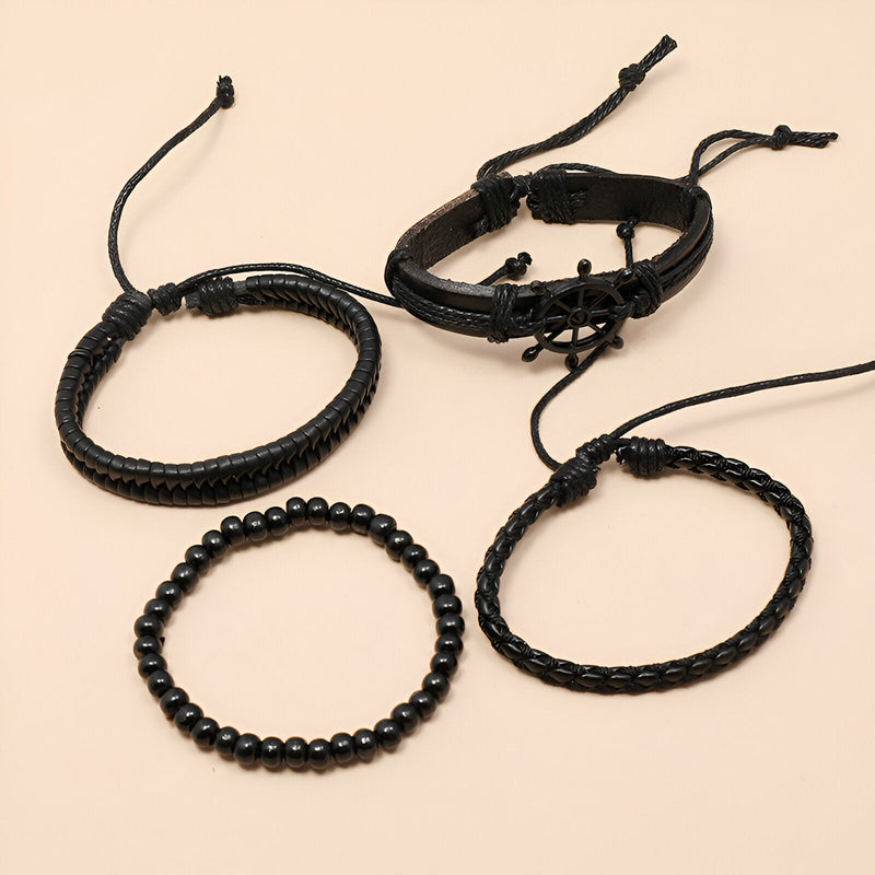 Ensemble de 4 bracelets noirs en cuir et perles, avec motif gouvernail homme modèle Finley.