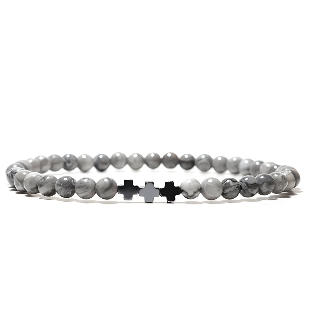 Trio de bracelets tibétains gris en jaspe avec croix en argent pour homme modèle Elias.
