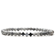 Trio de bracelets tibétains gris en jaspe avec croix en argent pour homme modèle Elias.