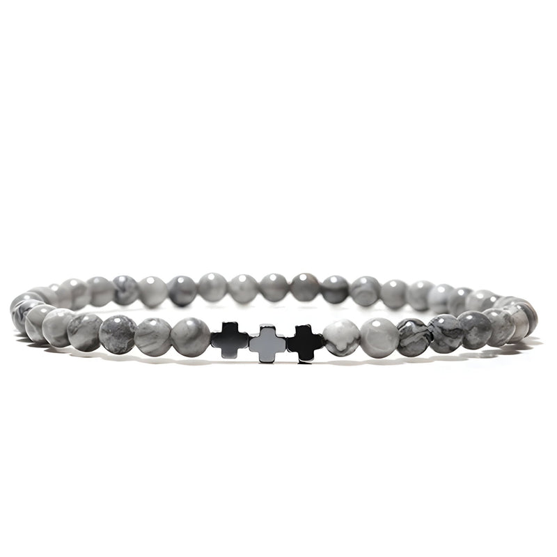 Trio de bracelets tibétains gris en jaspe avec croix en argent pour homme modèle Elias.
