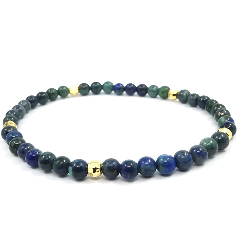 Bracelet homme perles rondes lapis lazuli bleu et vert avec accents dorés, style tibétain élégant.