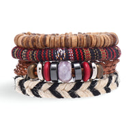 Ensemble de 4 bracelets multicolores en bois, tissu tissé, cuir tressé et corde avec perle centrale violette.