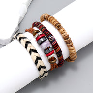 Ensemble de 4 bracelets multicolores en bois, corde tressée, perles et textile, style mixte.