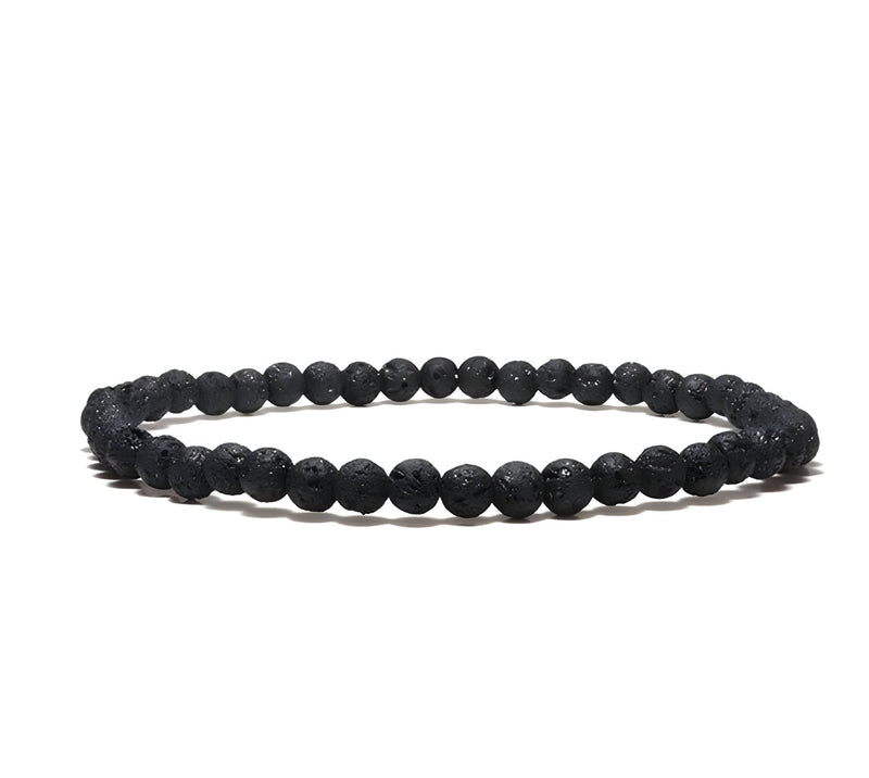Bracelet homme en perles noires de pierre volcanique, style tibétain, finition argentée.