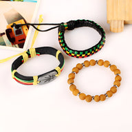 Ensemble de 3 bracelets hommes style jamaïcain multicolore tressé et perles bois naturel.