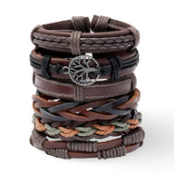 Ensemble de 6 bracelets en cuir marron avec pendentif arbre de vie en métal argenté.