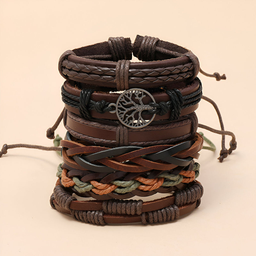 Ensemble de 6 bracelets en cuir marron avec breloque arbre de vie argentée, styles tressés et lisses.